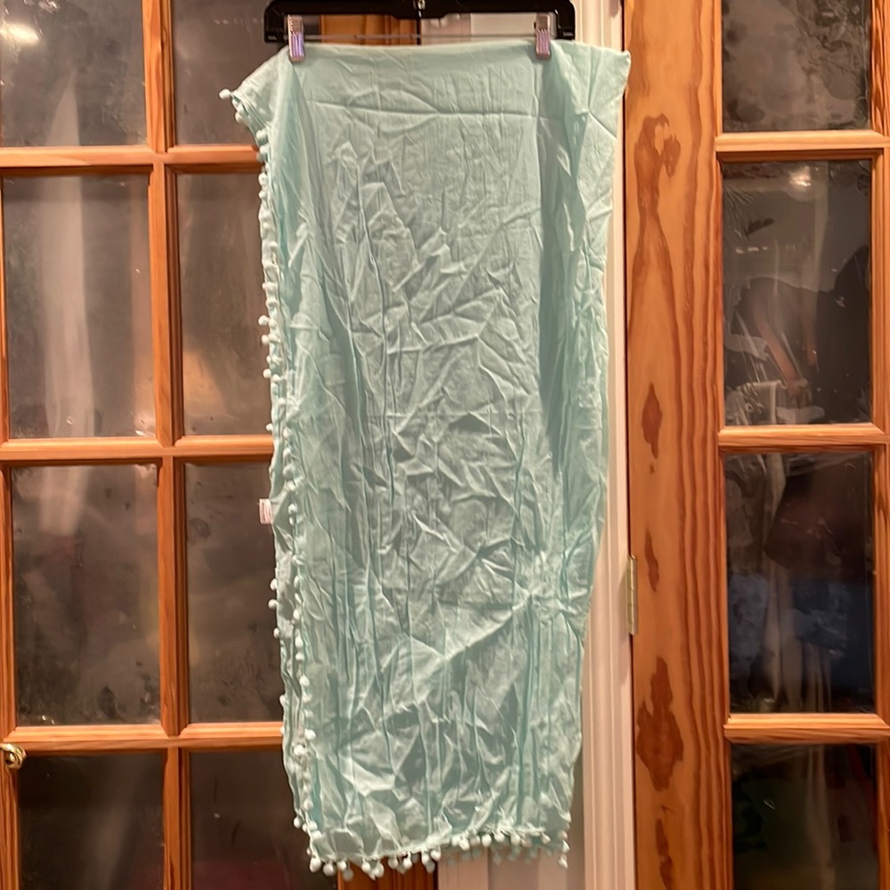 Pale Aqua Ling Scarf/Shawl with Pompom Fringe. 72” x 38”
